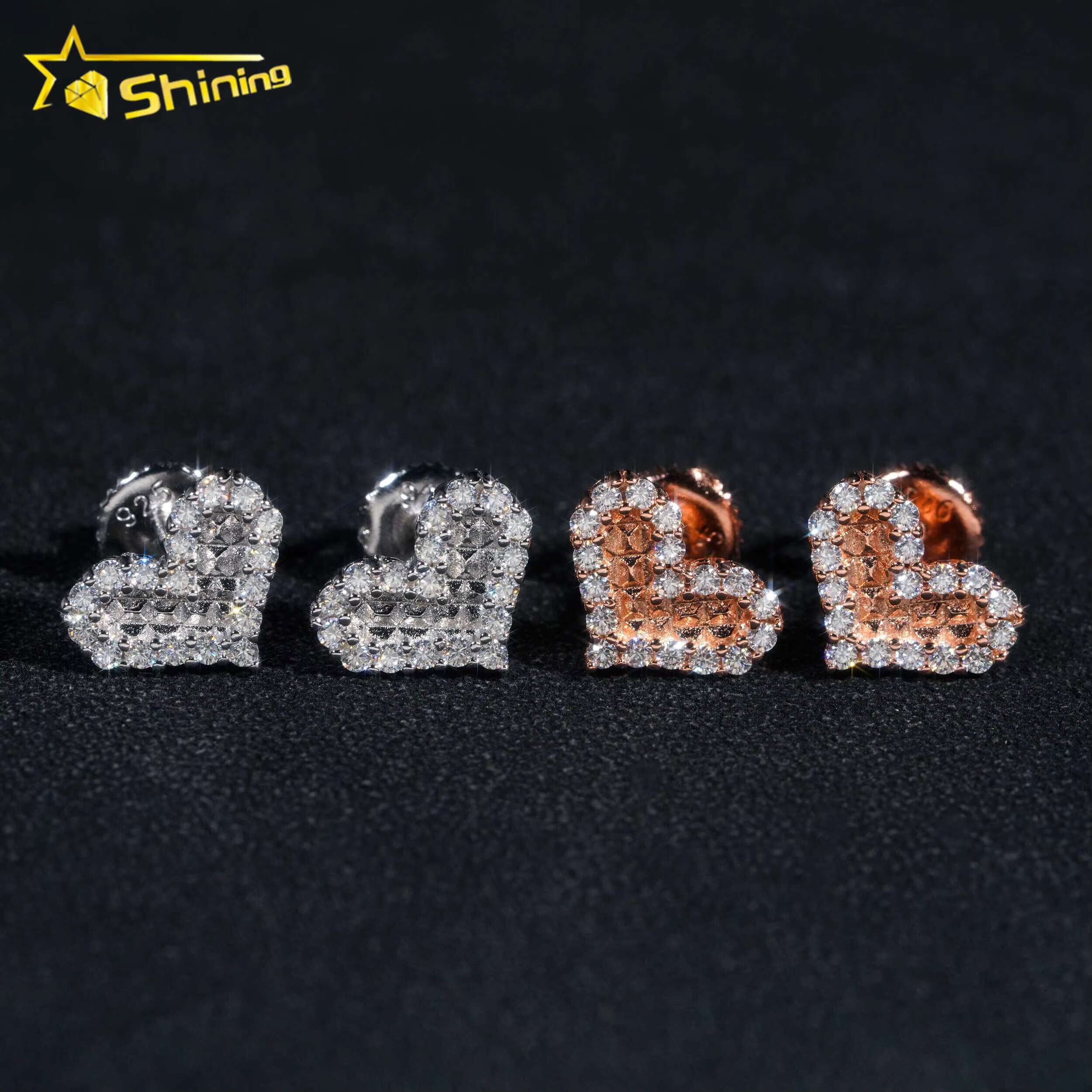 Factory Price Fine Women Heart Shape Earrings S925 Silver Gold Plated Screw Back Moissanite Stud Earrings
