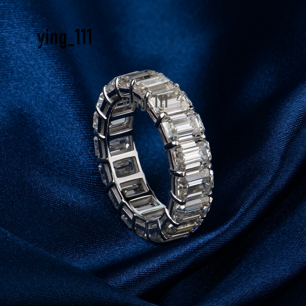 Mossanite Ring 925 Sterling Silver Emerald Cut Iced Out Eternity Band Hip Hop Fashion Party Wedding Gift Unisex Fine Jewelry