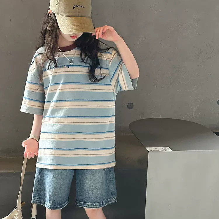 Ddmyshoesvip Fashionable Girls Striped Short Summer New Item Loose Half Sleeved Casual T Shirt For Children Trendy