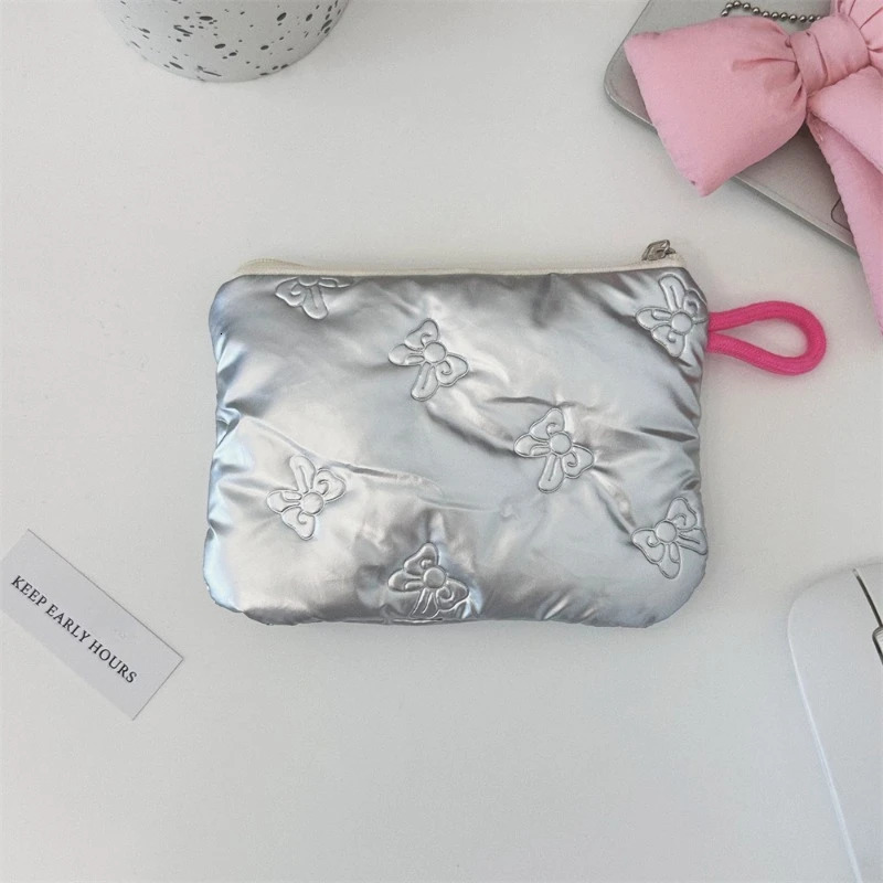 Silver Bow Pattern Coin Wallet Womens Earphones Key Organizer Zipper Bag Makeup 250408