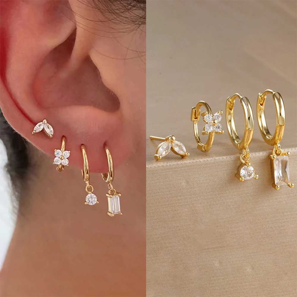 4PCS Flower Square Earrings Set for Women Girl Luxury Zircon Stainless Steel Cartilage Piercing Hoop Earring Statement Jewelry Z250408