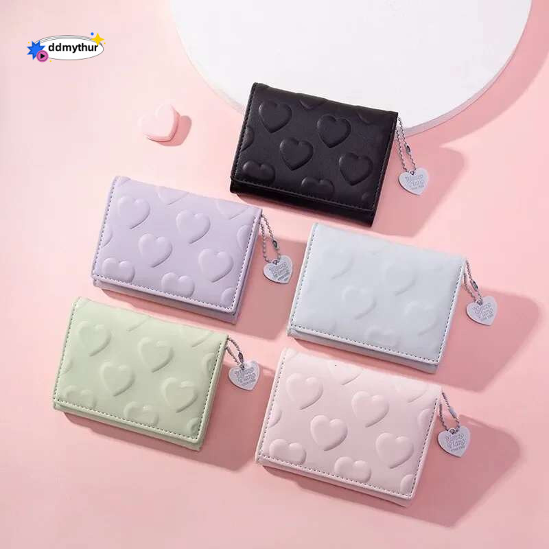 Women's Money Clip Solid Color Love Imprinted PU Leather Short Coin Wallet Three Fold Multi-card Slot Bag Credit Card ddmythur