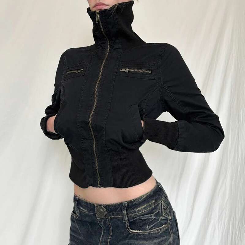 CIBBAR Streetwear Black Zip Up Jacket Autumn Winter Turtleneck Full Sleeve Cropped Jackets For Women Y2k Vintage Ladies Outwear