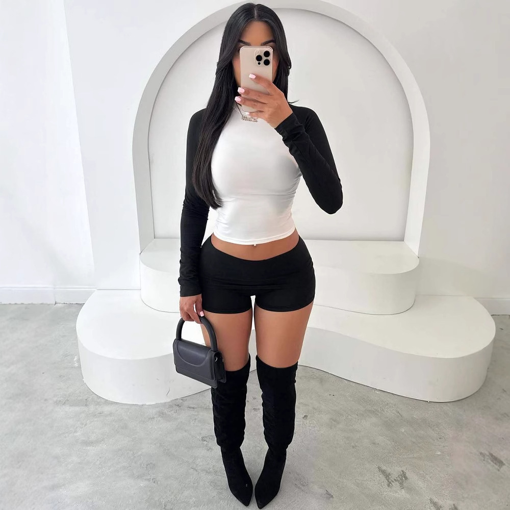 2025S Designer Women S Set New Fashion Trend Simple Contrasting Color Elastic Slim Fit Short Sleeved Versatile Top Shorts Set