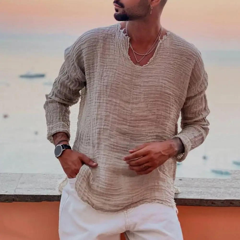 Men V-neck Long Sleeve Shirt Tops Burr Edge Pleated Loose Thin Pullover Tops Streetwear Spring Autumn Casual Handsome Men Shirts 250408