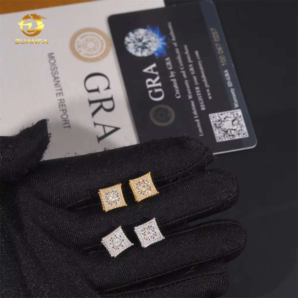 Wholesale Price High Quality Fashion 925 Sterling Silver Moissanite Diamond Gold Plated Square Iced Out Men Earrings