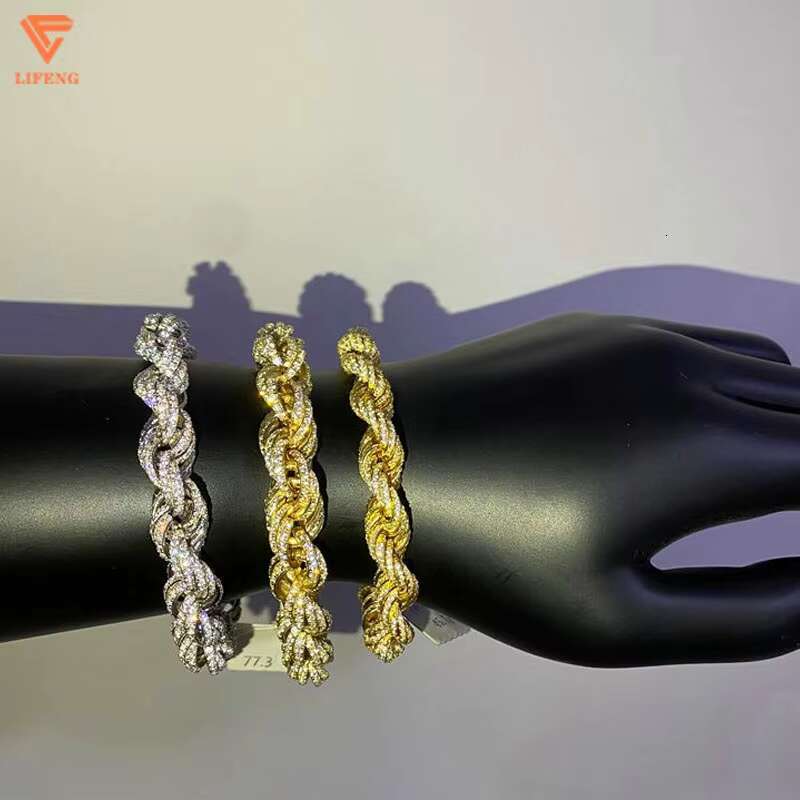 Fashion Jewelry White Gold 925 Sterling Silver Bracelet Iced Out 8 mm VVS Moissanite Hip Hop Rope Chain Charm Bracelet for Men