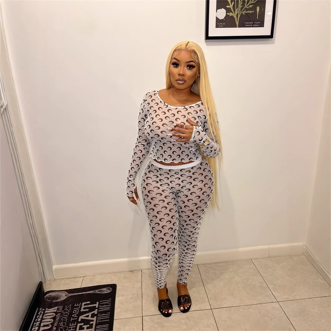2025S Designer Women S Set New Trendy Fashionable Moon Print Slim Fit Sexy Perspective Round Neck Long Sleeved Top And Pants Set