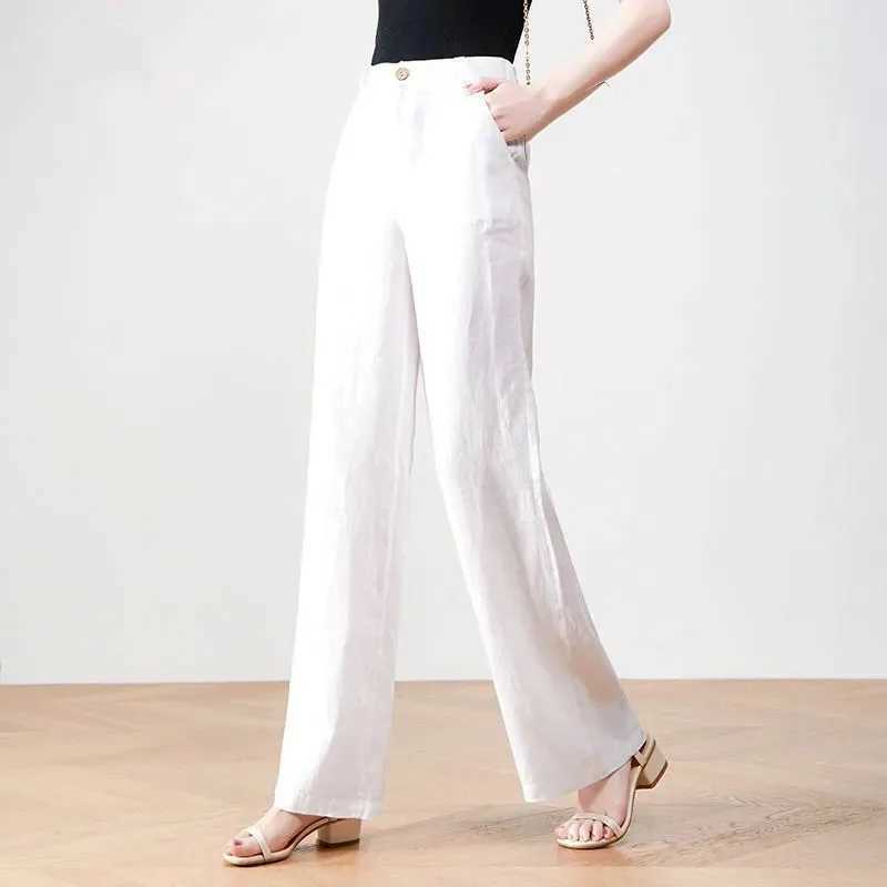 Cotton linen wide leg pants for women in spring and summer thin casual solid pants for women elastic high waisted loose straight pantsXJ250403