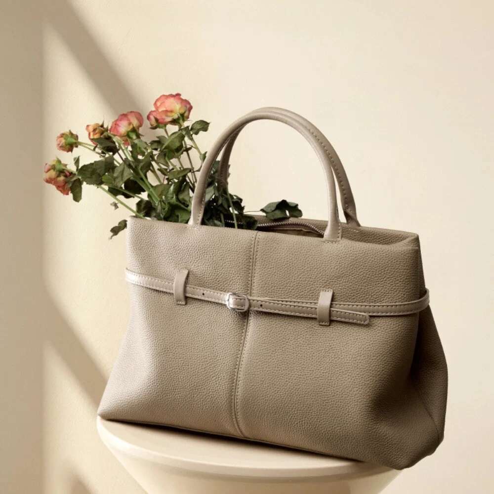 New Casual Stylish Grey Coffee Color Large Tote Lichi Pattern Cowhide Leather Women Handbag High-End Office Lady Shoulder Bag