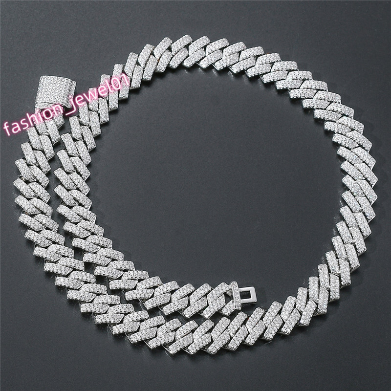 2Rows 14mm Cuban Chain Necklace Fine Jewelry Fashionable Hiphop Style 925 Sterling Silver Moissanite Diamond for Men