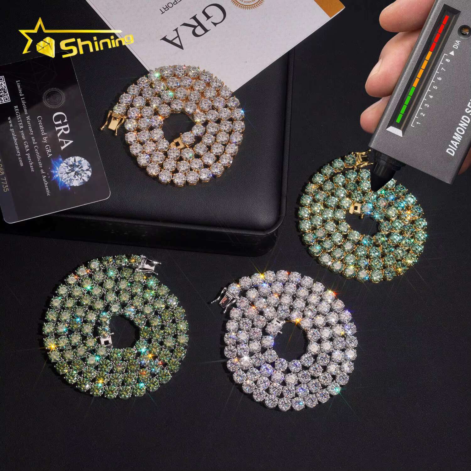 Ready to Ship 6.5mm Green Moissanite Necklace S925 Gold Plated Tennis Chain Fine Jewelry Wholesale Price