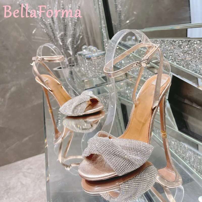 Women's Rhie Pleat Mesh Fish Mouth High Heels Sexy Elegant Banquet Wedding Formal Ocn Stiletto Sequins Sandals