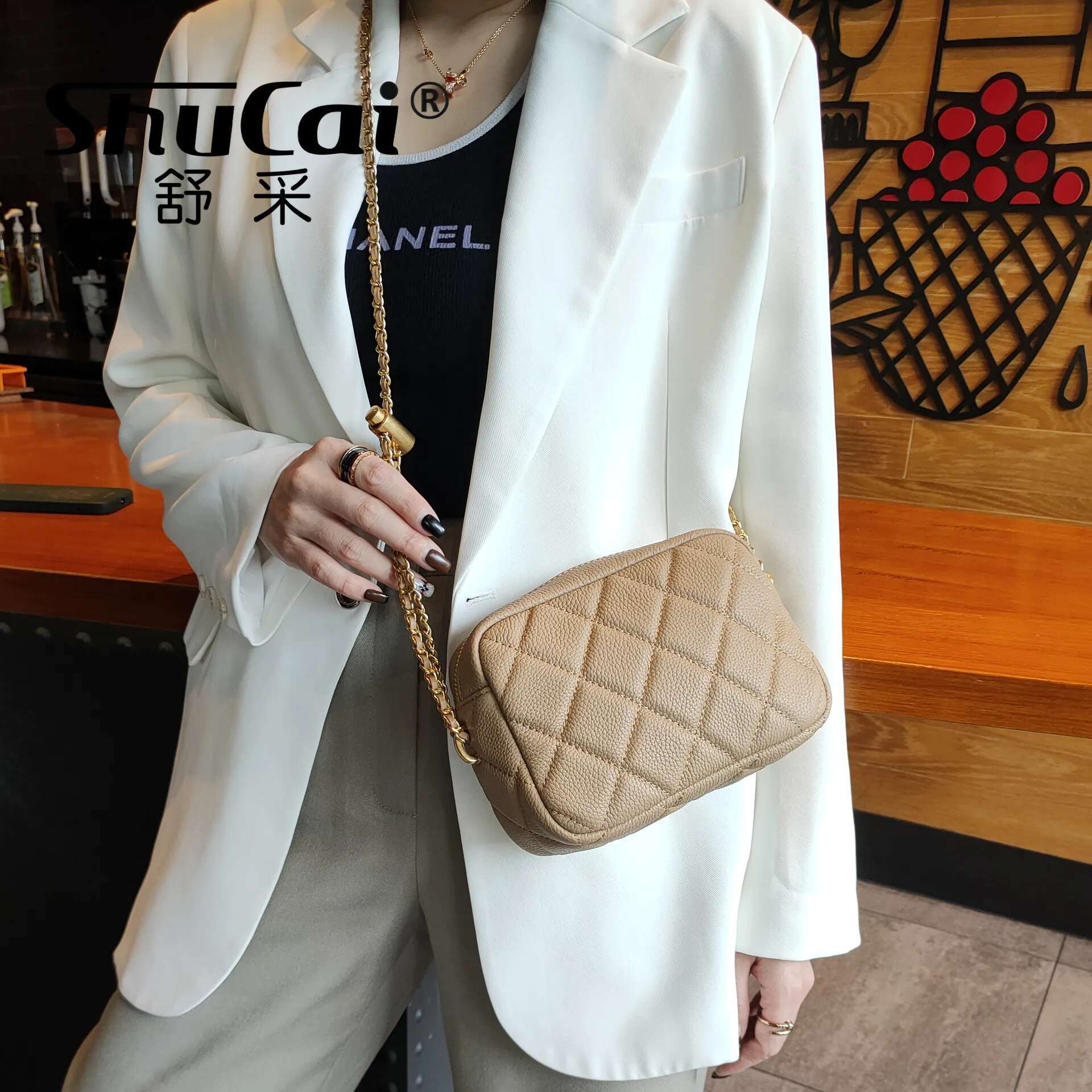 SHUCAI First Layer Cowhide Women's Rhombus Fashion Popular Chain Soft Shoulder Messenger Bag Casual Tide New