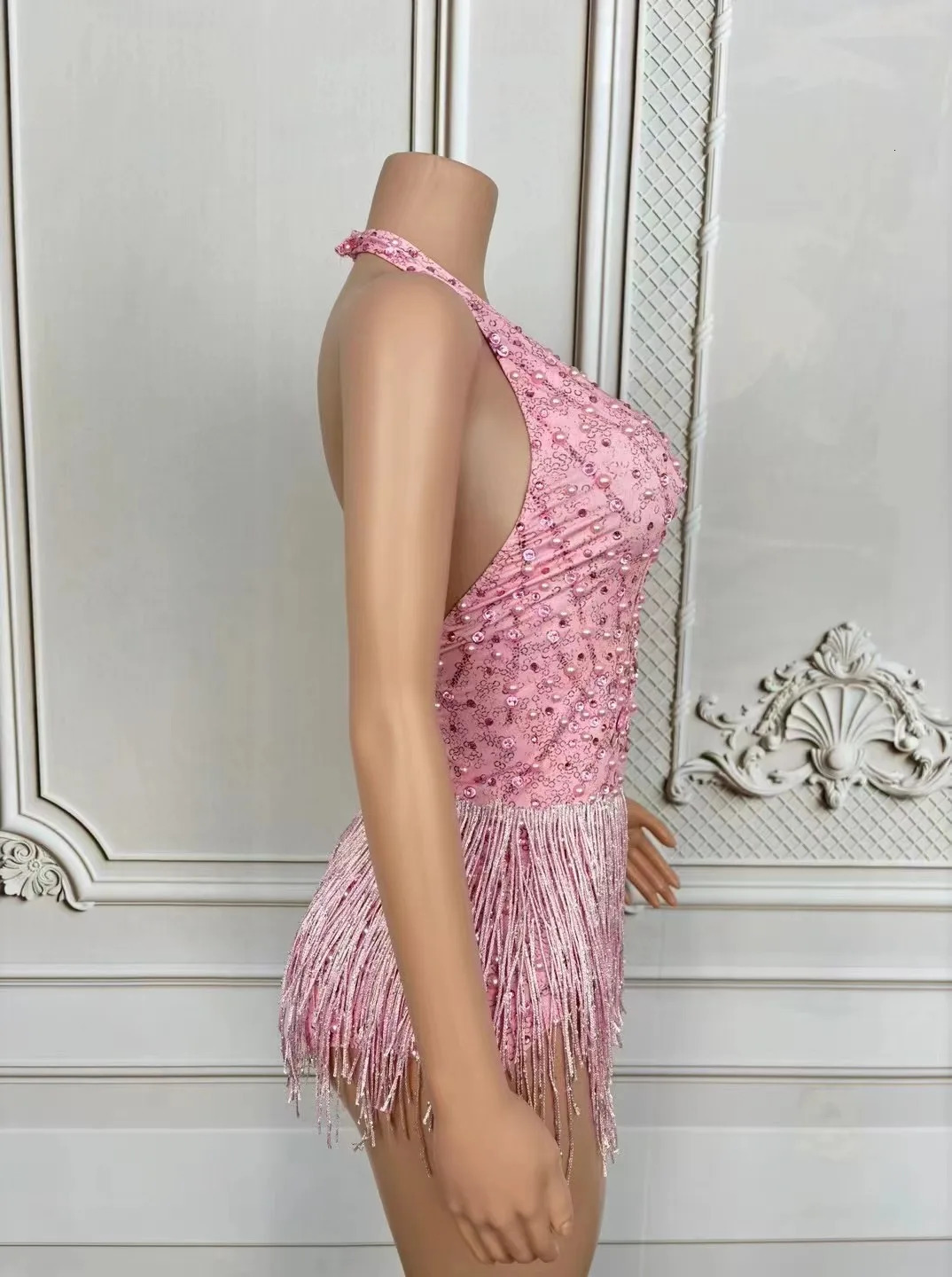 European and American sexy deep Vpink tassel jumpsuit Gogo female singer stage collar dance costume car show model performance 250409