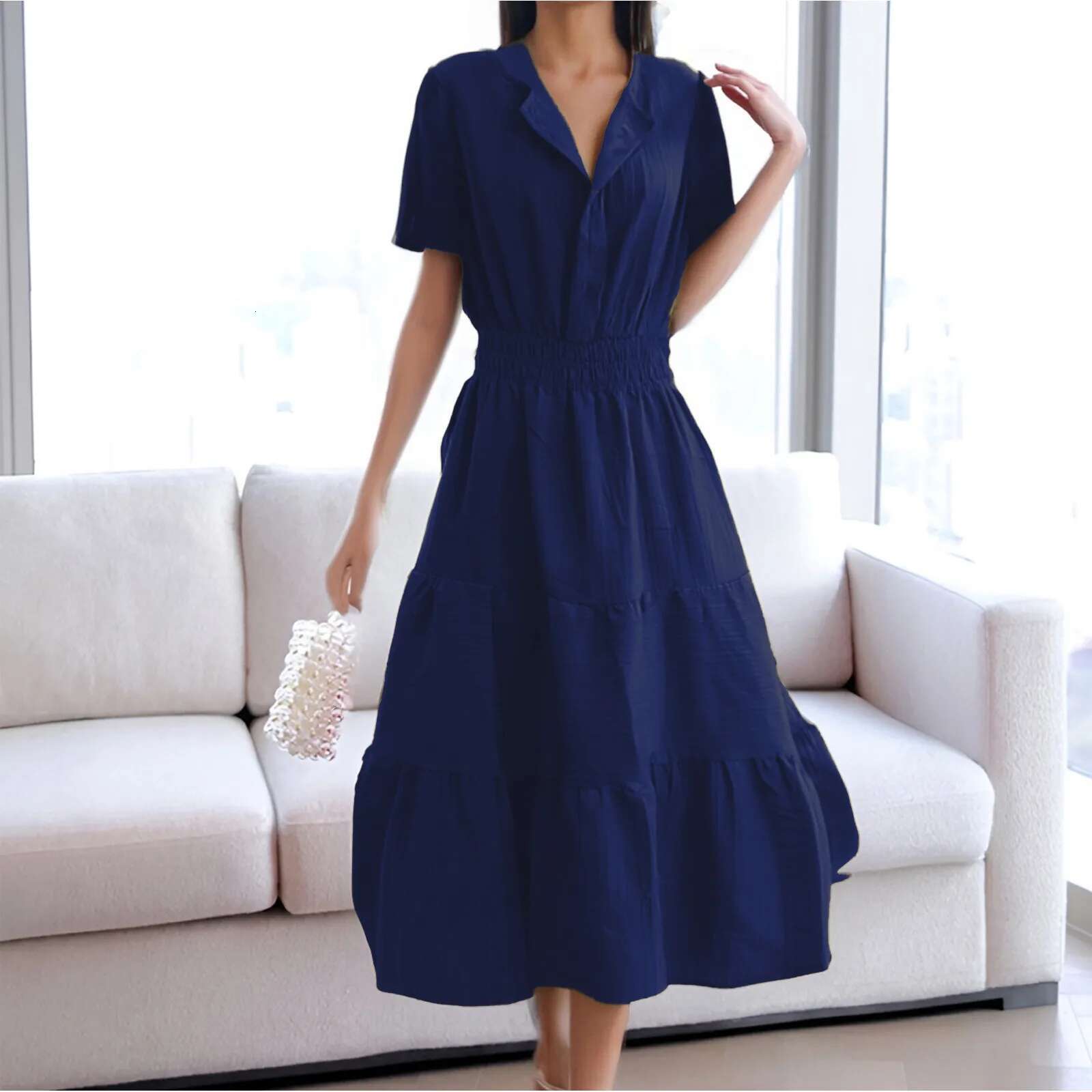 Dongdumaoyi New Women S Summer Casual Midi Maxi Dress Lightweight Short Sleeve Turndown Collar Elastic Waist Bohemian Beach