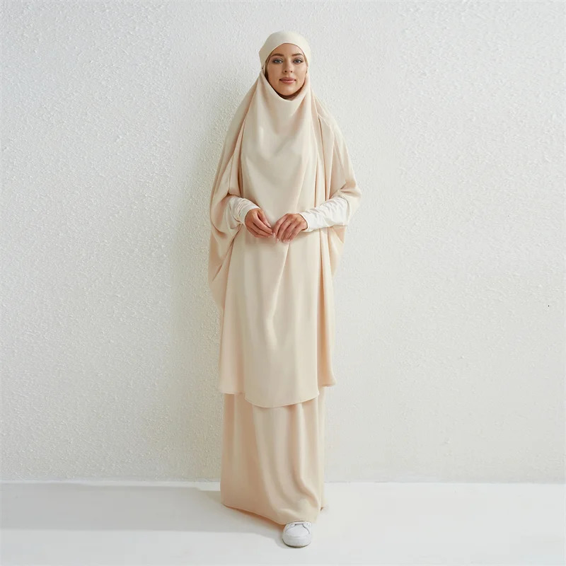 Muslim Set Two Piece Prayer Dress Long Hooded Smoking Sleeve Headscarf Loose Skirt Elastic Waist Womens Abaya 250409