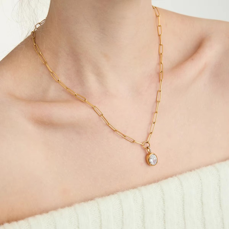 Women Fashion 18K Gold Dainty Delicate White Zircon Bead Chain Ring Pendant Necklace