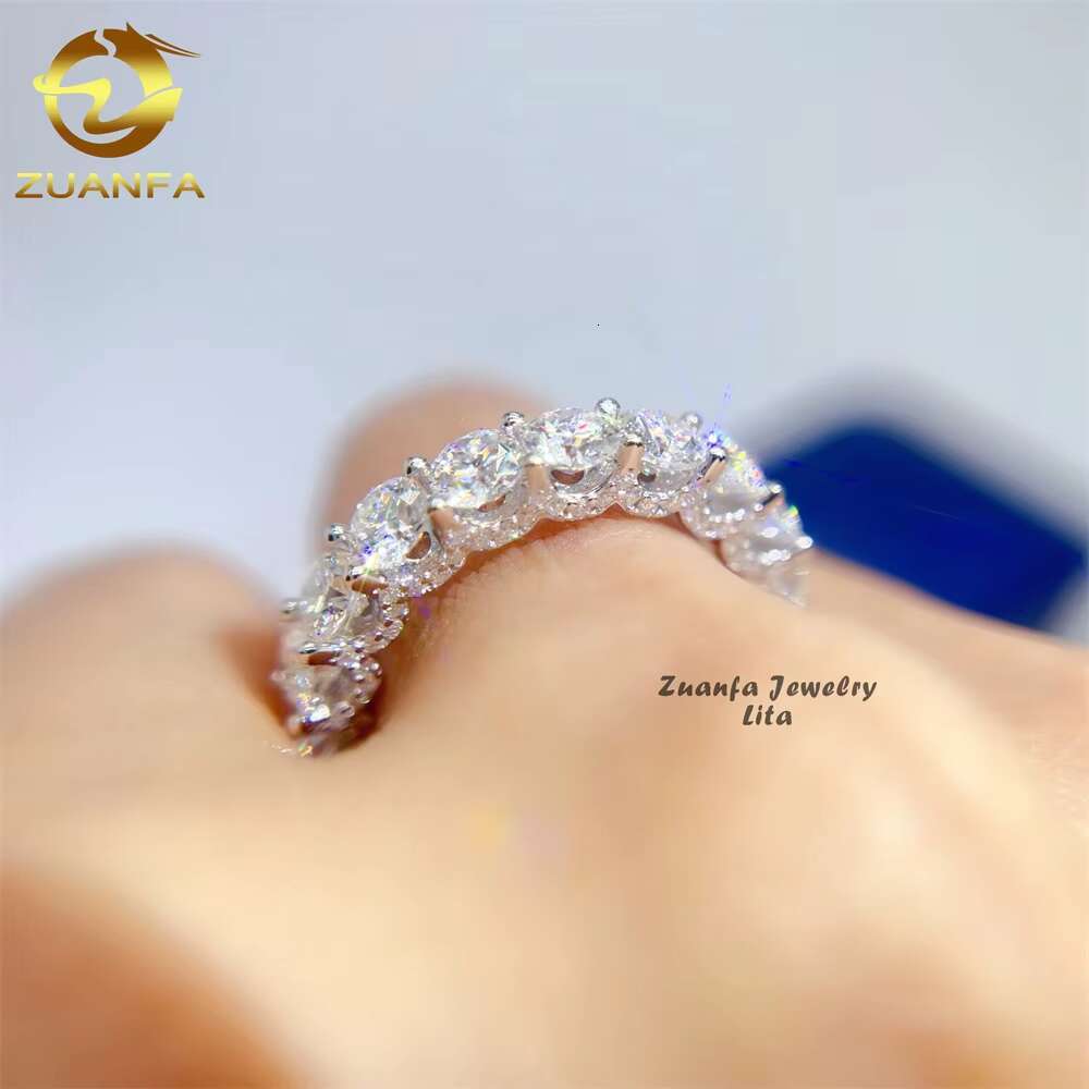 New Arrivals Iced Round 4.0mm Engagement Wedding 925 Silver Eternity Band Moissanite Diamond Ring