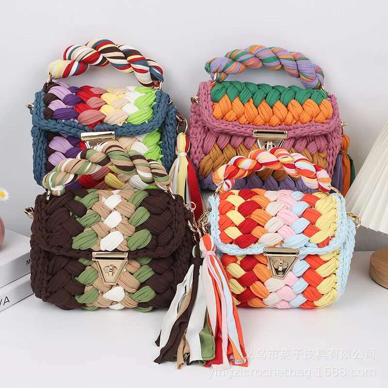 Women'bag 2024 New Crochet Cloth Strip Handmade In Stock Finished Chain Small Square Bag Designer Handbag
