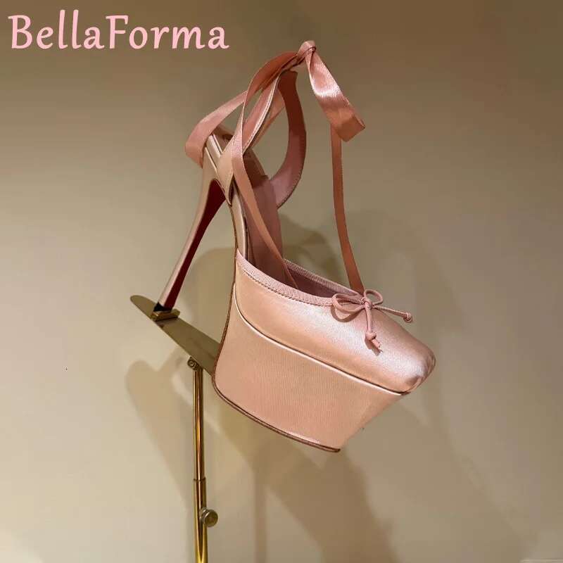 Women's Platform Silk Bow Ribbon High Heels Sweet Catwalk Banquet Wedding Formal Dress Square Toe Pleated Sgback Sandals 2025