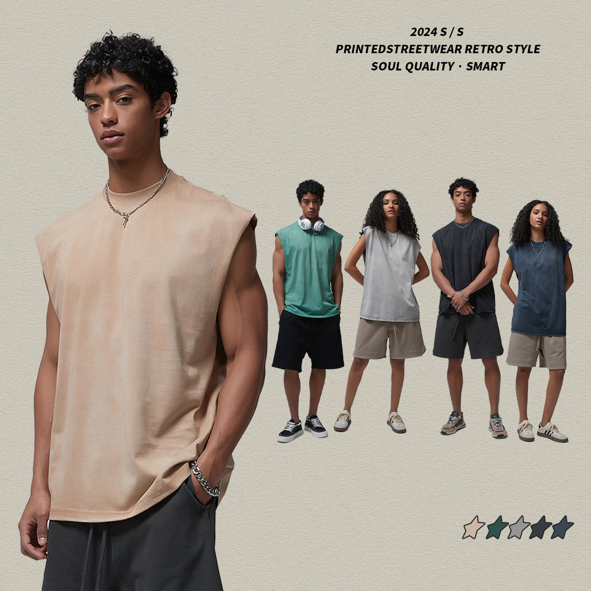 2025 Summer Pure Cotton Spray Dyeing Used T-shirt Men's Sports Shoulder Trendy Brand Loose Sleeveless Tank Top for Men