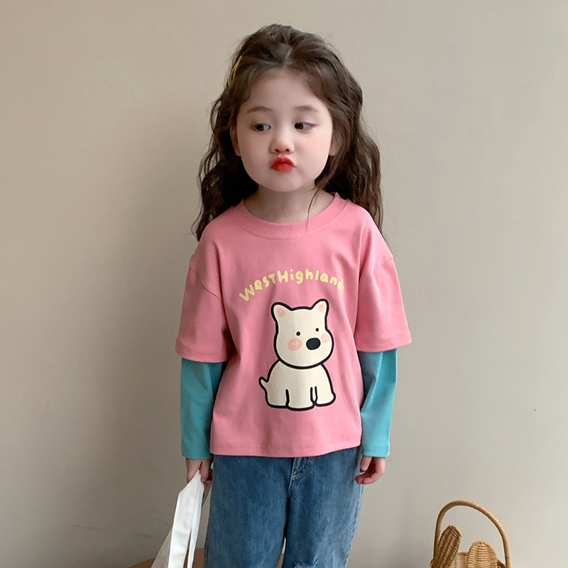 Ddmyshoesvip Girl S Color Blocking Fake Two Loose Long Sleeved T Shirts For Spring New Baby Base Shirt Children S Clothing