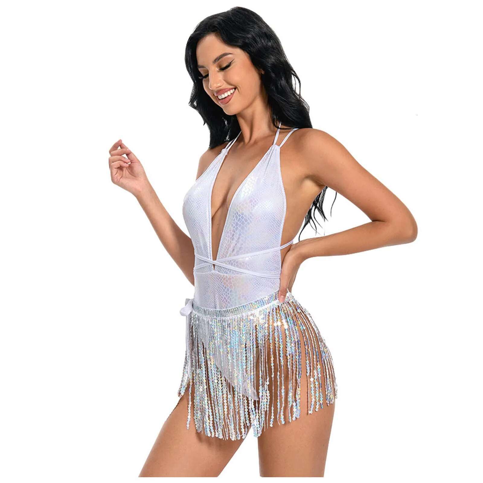 Dongdumaoyi Sexy Bikini Set Pole Dance Costume One Piece Bodysuit Backless Tassel Hip Scarf Beach Party Rave Outfit Gogo Dancer Suit White