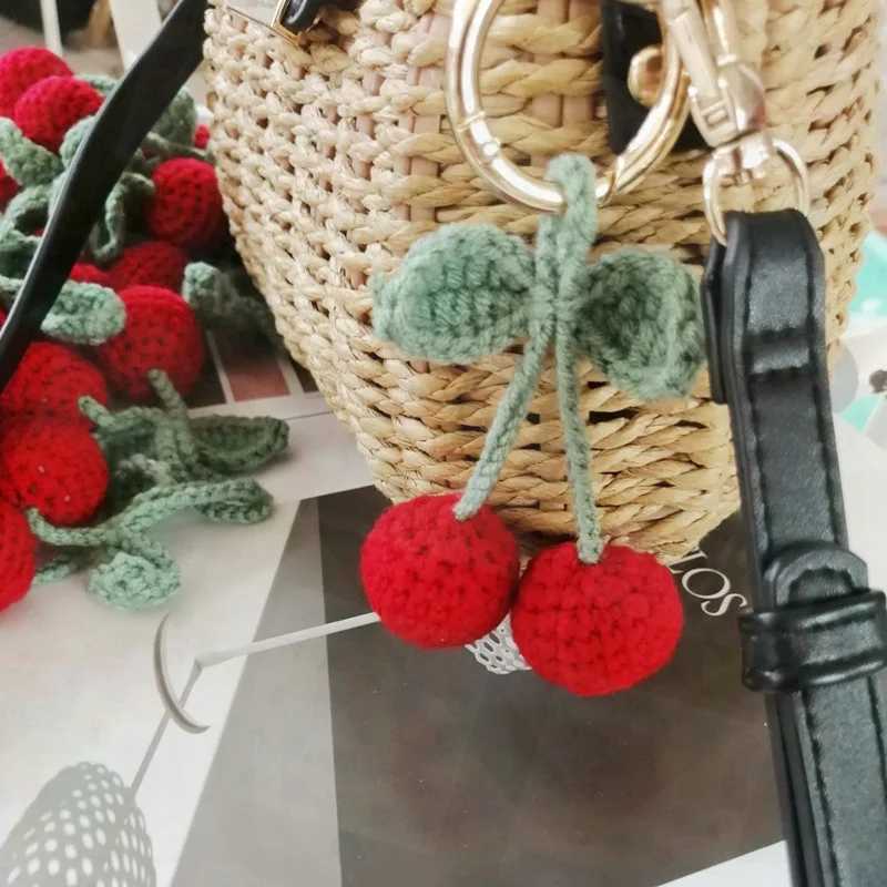 Handmade Cute Cherry Keychain Female Creative Knitted Car Keychain Cartoon Knitted Keychain Wholesale Charm GiftXJ250409