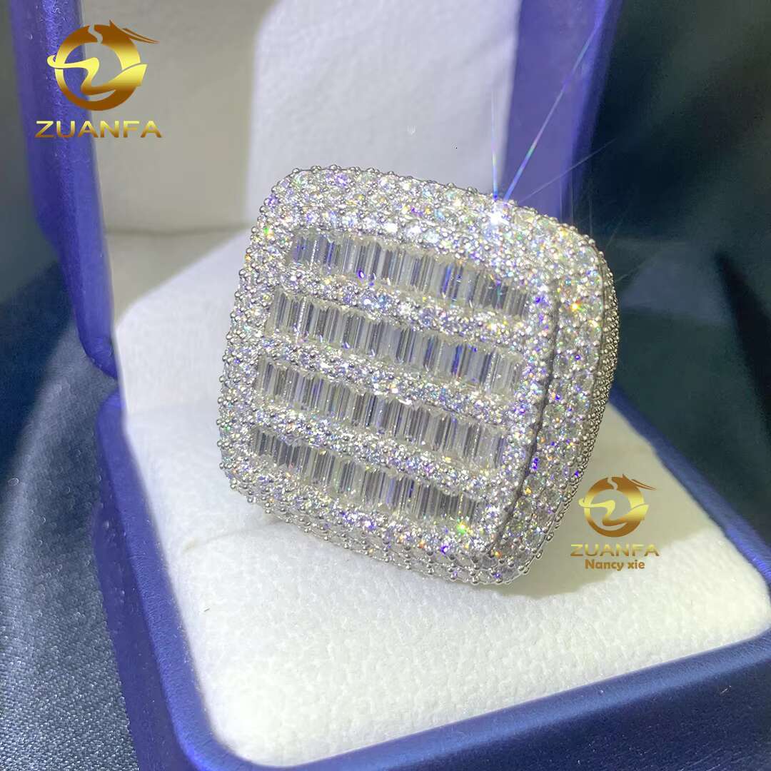 New Designs Ready to Ship Hip Hop Jewelry 925 Sterling Silver VVS baguette Moissanite Diamond Iced Out Rings for Men