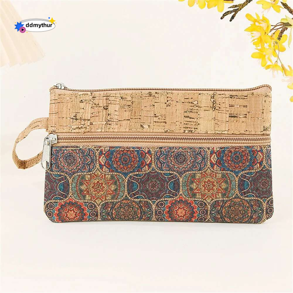 New Retro Cork Print Women Coin Purse Portable Cell Phone Pouch Mini Wallet Double Layer Zipper Key Money Vintage Clutch Bag ddmythur