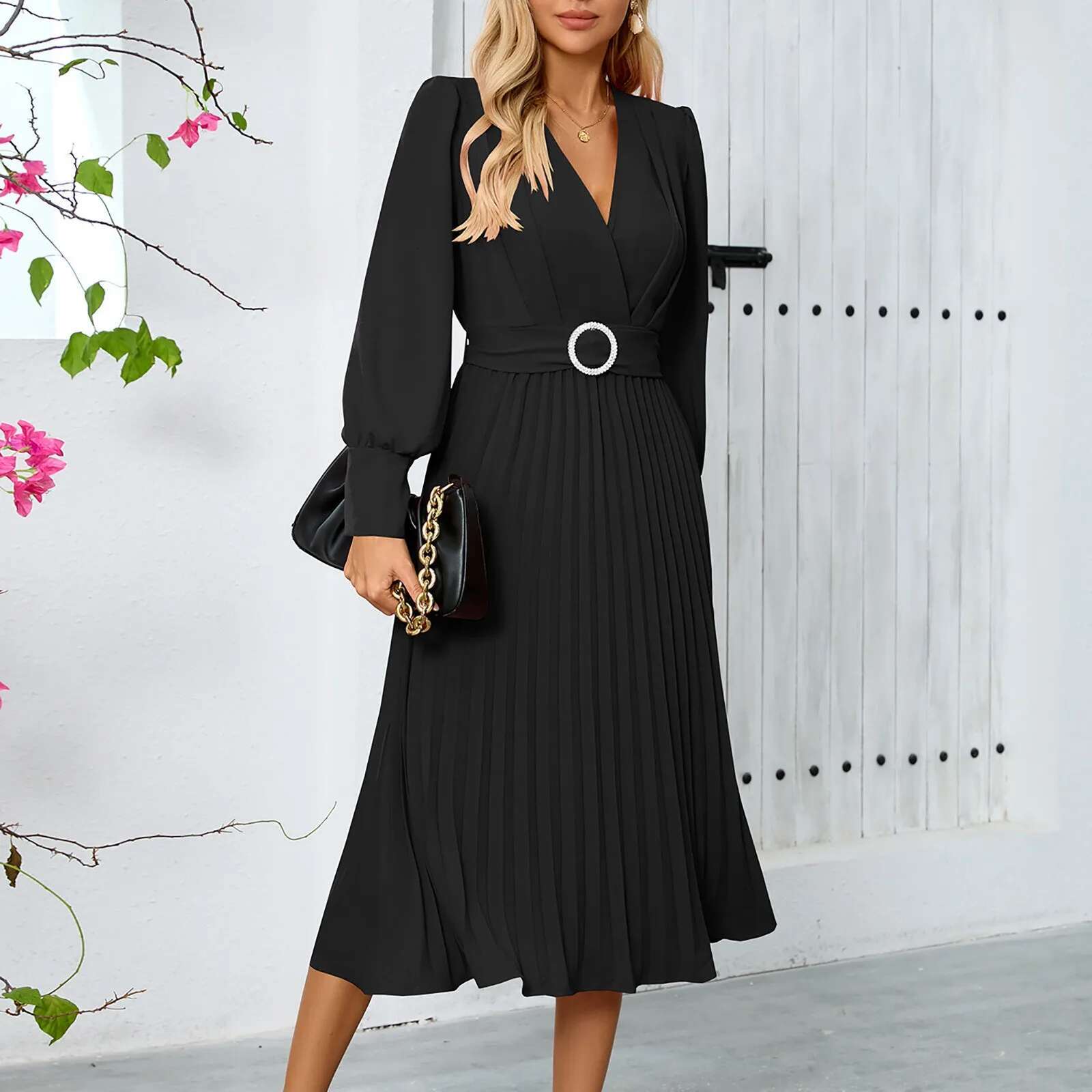 Dongdumaoyi Elegant Dresses For Women Autumn With Belt Dress V Neck Long Sleeve Loose Office Lady Maxi