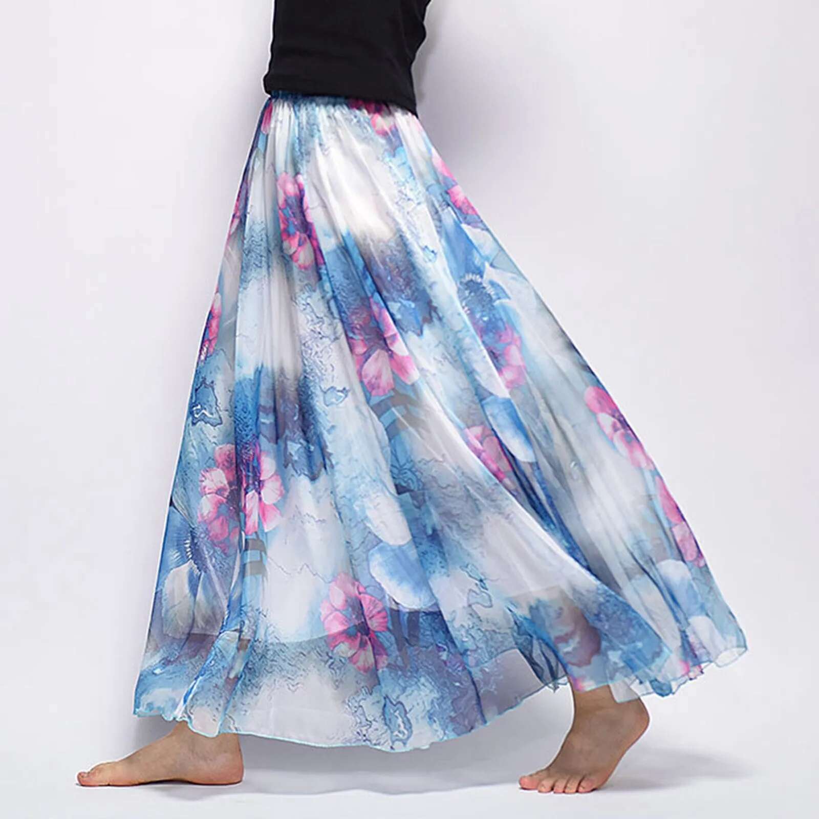 Dongdumaoyi Floral Printed Bohemian Women Retro Style Graceful Chiffon Temperament Long Skirts Summer Beach High Waist Casual