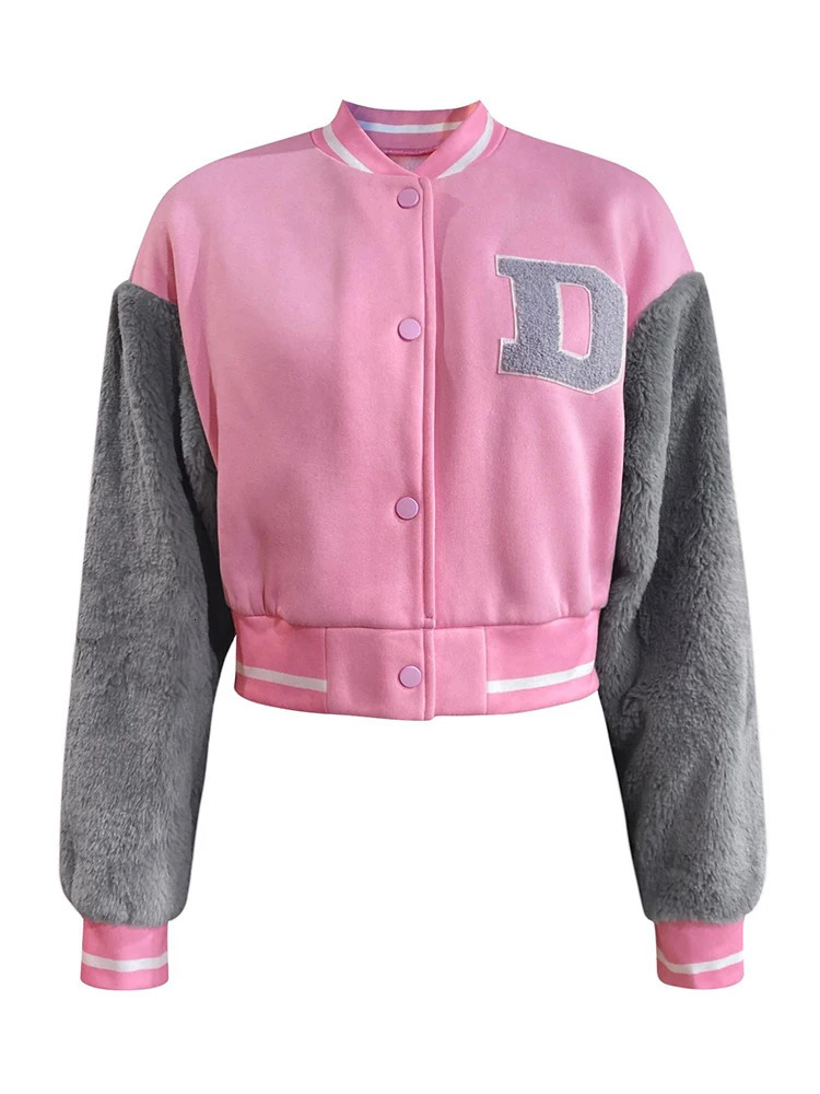 LW Winter Cropped Baseball Jacket Womens Casual Patch Work Letter Graphic Coats Single Chest Autumn Clothing 250409