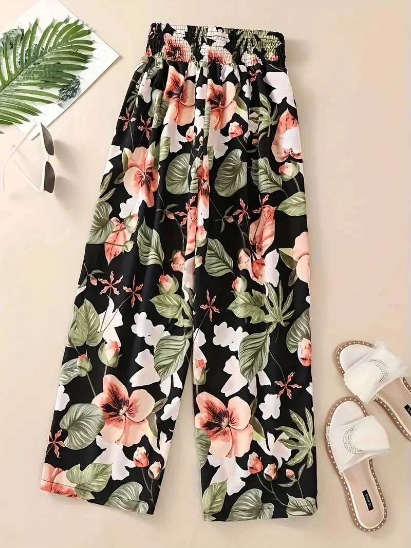 Flower pants for spring and summer thin high waisted thin ice silk elastic flower straight leg womens pantsXJ250403