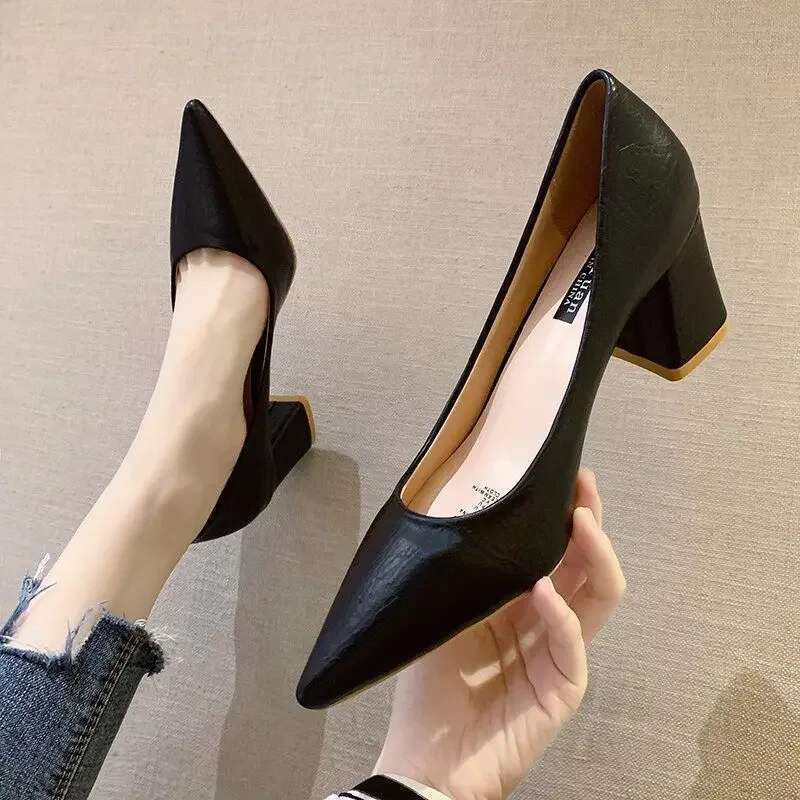Chunky Heels Woman Footwear High Shoes for Women Pointed Toe Office Square Moccasins Pumps Red Shoe with Discount Lastest L E 39