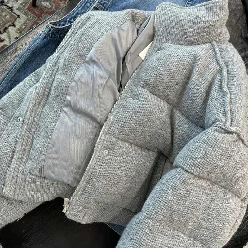 American Style Gray Parkas Women Winter Stand Collar Zipper Coats MujerLong Sleeve Thicked Warm Jackets 251104