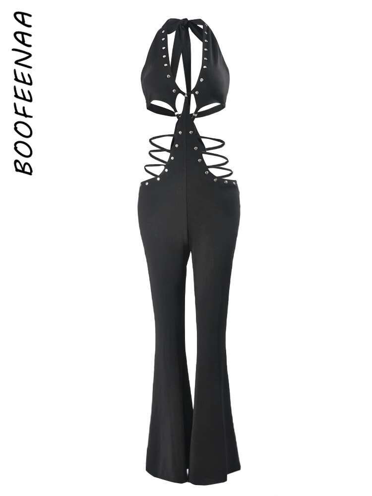 Sexy Black Jumpsuit Women Summer Club Outfit Fashion Rivet Cut Out Halter Backless Jumpsuits Flared Leg