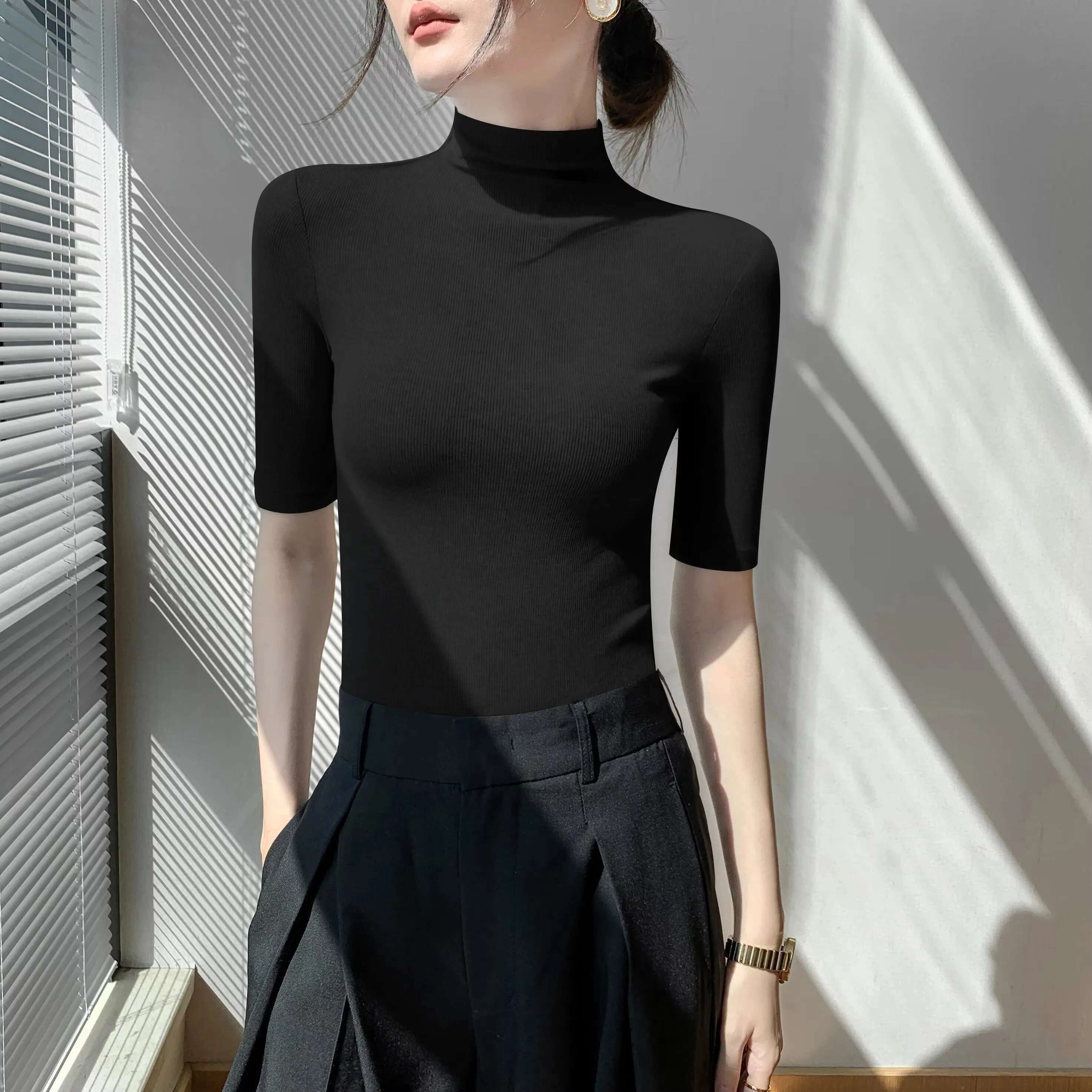 Turtleneck Sweater Bottom Shirt Women's Medium Short Sleeve Tops Spring Summer Autumn Slim Black Knit Inside t-shirt Soft