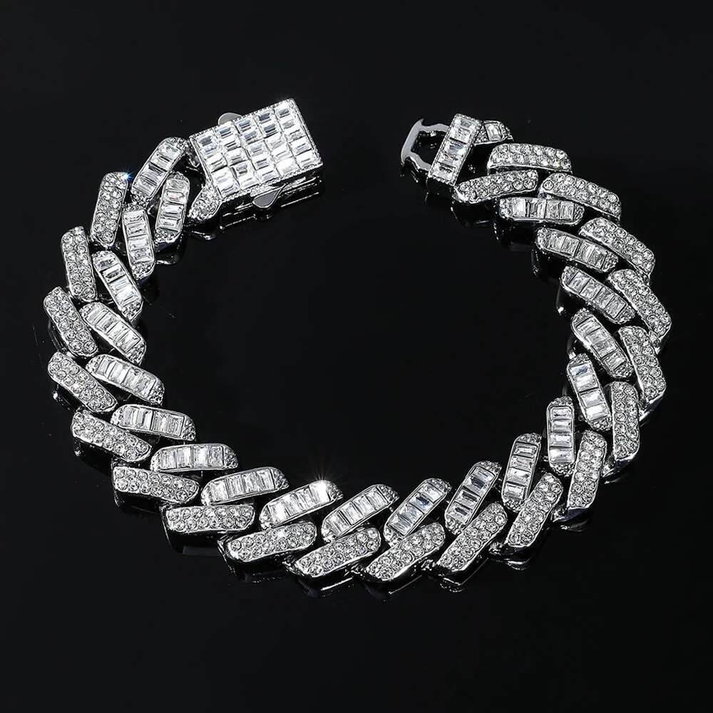 Hip Hop 15mm Chain Baguette Stones Iced Out Rapper Necklace For Men Women Miami Cuban Chain Bracelet Fashion Charm Jewelry Gift