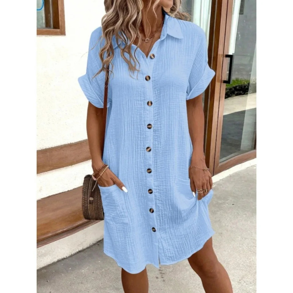 Simple Vneck button cotton and linen dress for womens summer shirt 250409
