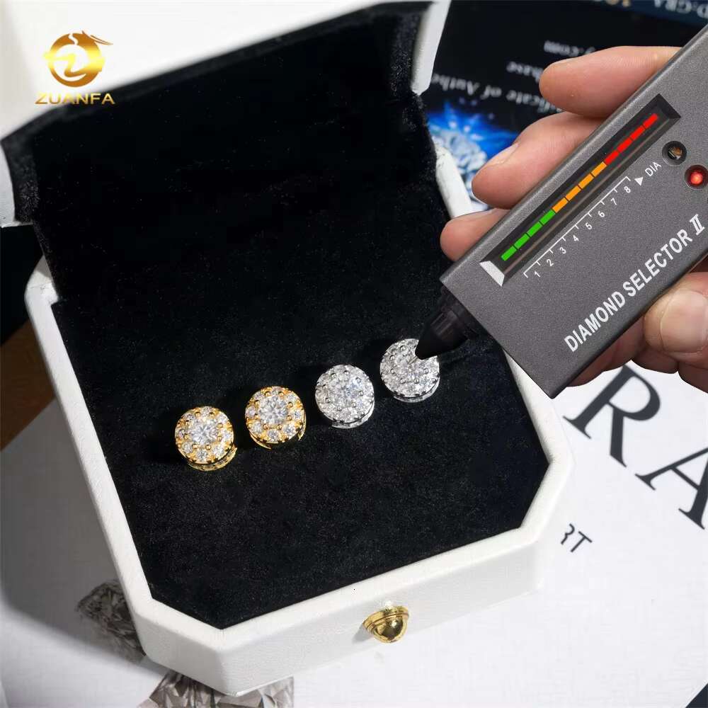Moissanite Jewelry Halo Design Hip Hop Iced Out Diamond Rhodium Plated 925 Sterling Silver Earrings