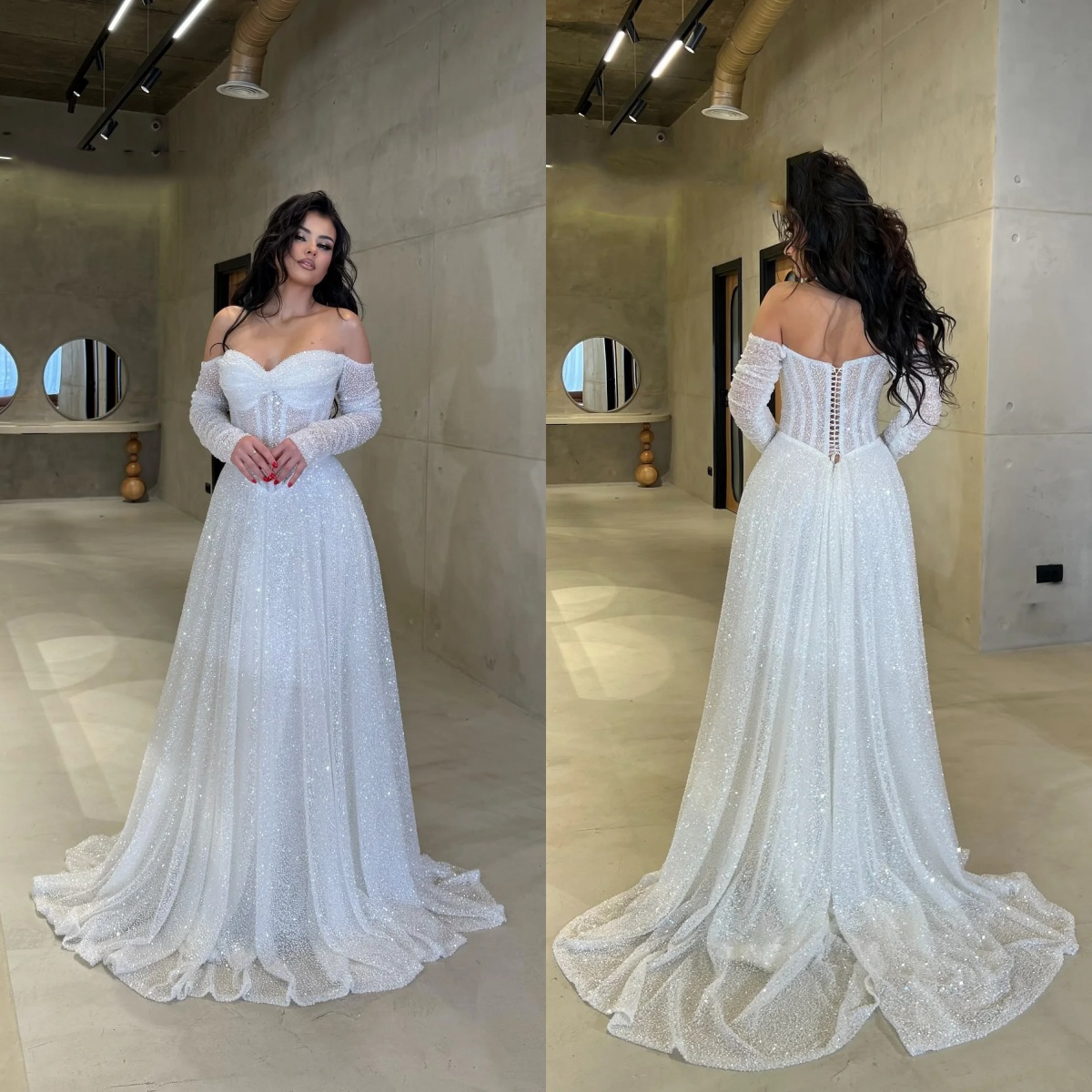 Simple A Line Women Wedding Dress Sweetheart Neck Long Sleeves Bridal Gowns Sequins Lace Up Sweep Train Dress Custom Made