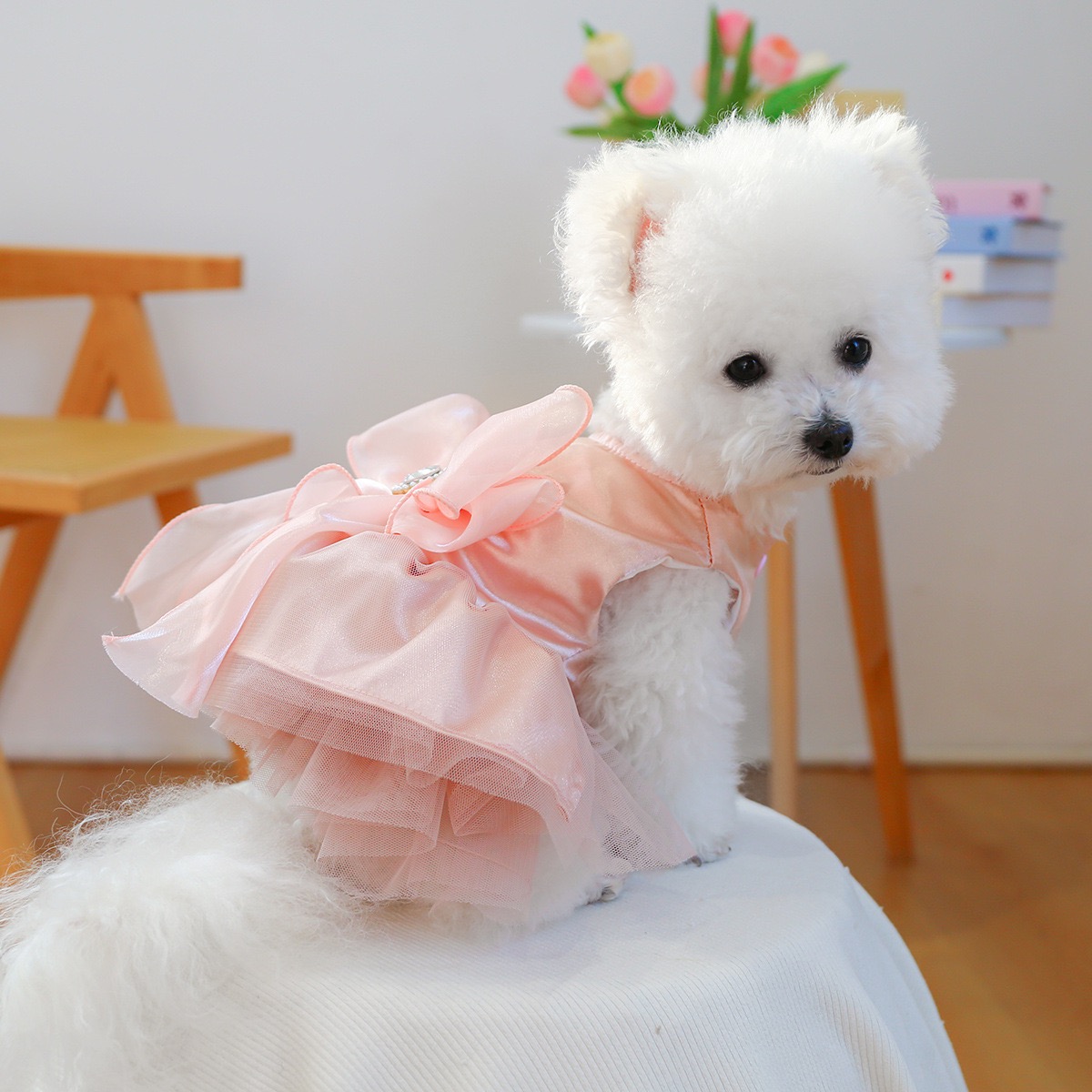 Fancy Dog Dress , Embroidered Dog Wedding Dress, Bow Puppy Clothes for Small pet Girl Multi-Layer Lace Cat Outfit wedding pink