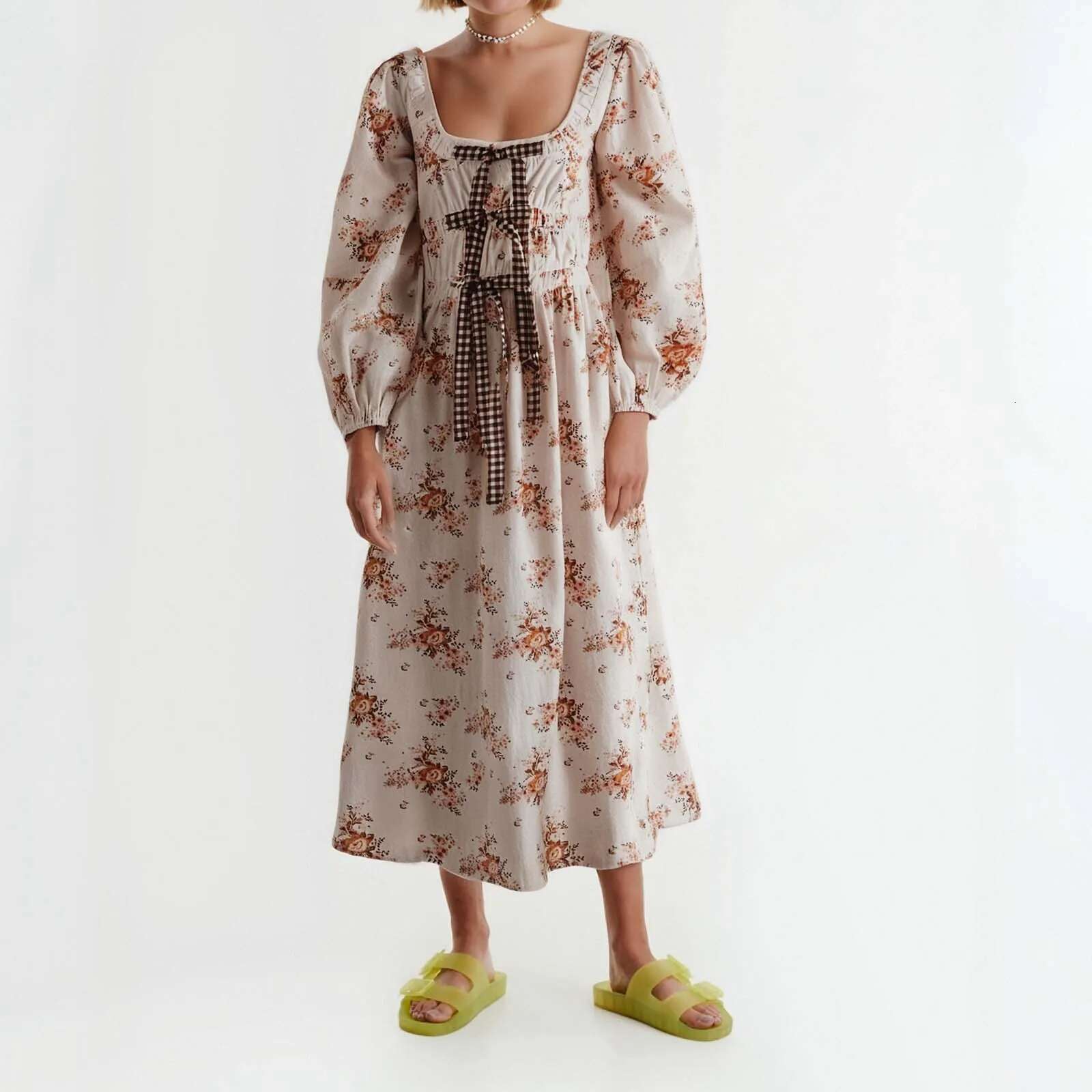 Dongdumaoyi Women Vintage Bow Tie Dress Boho Checkered Long Puff Sleeve Flowy Fall Square Neck Smocked Maxi Dresses