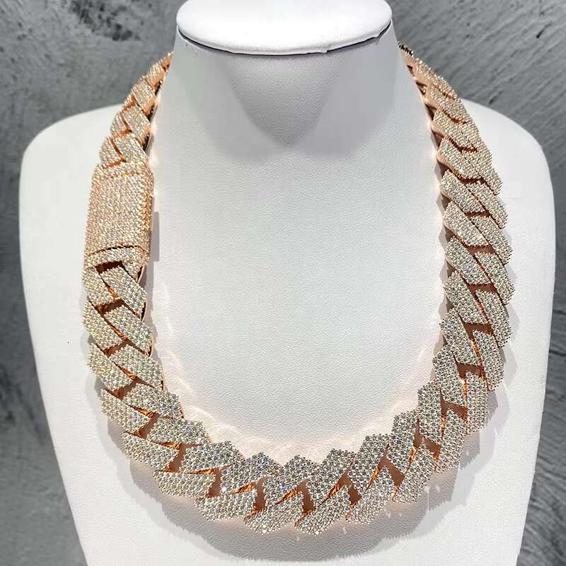 Shining 18K Gold Plated Sterling Silver 24mm 4 Rows Iced Cuban Link Chain Necklace Moissanite