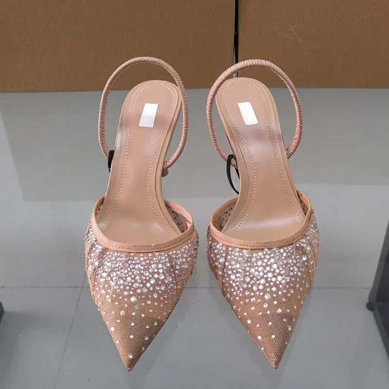 New Arrival Summer 2025 new womens sandals with rhinestones and shiny mesh high heels elegant camisoles point slip party womens shoes T250409