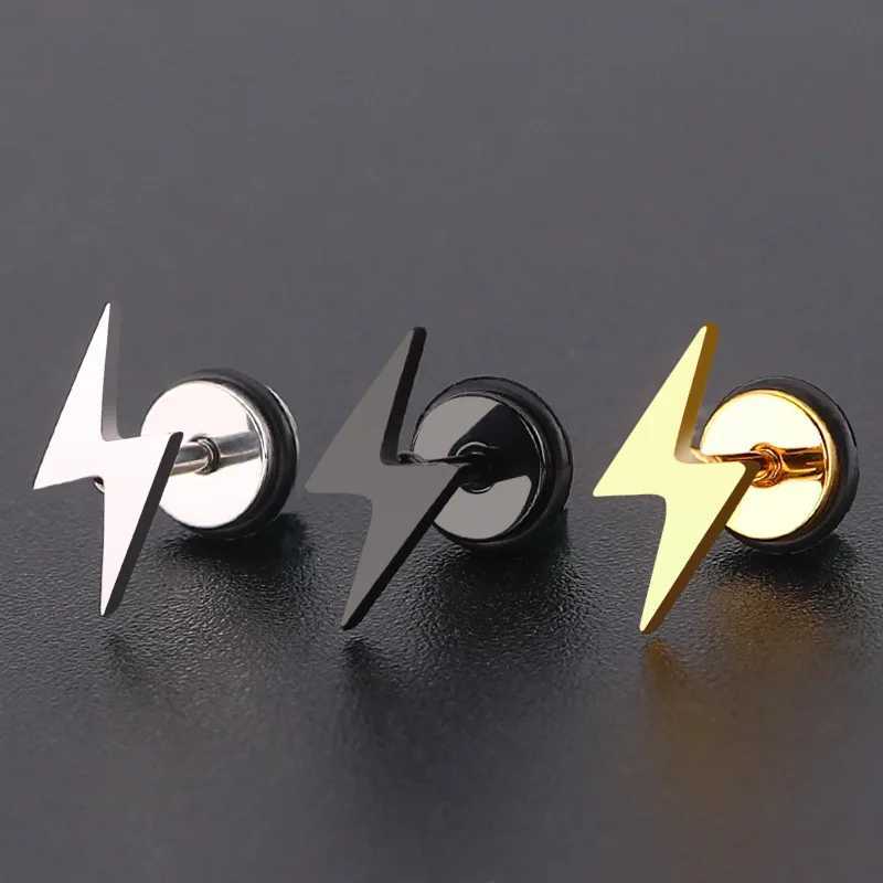 Punk Titanium Lightning Stud Earrings For Men Stainless Steel Round Cake Black Earrings Screw Piercing Jewelry Party Gift Z250408