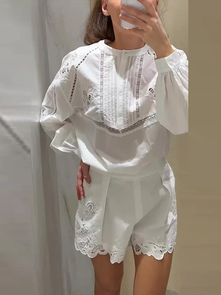 Fashion Womens Embroidery Shorts Set Lantern Long Sleeve Hollow Out Tops Short Pants Sets 2025 Spring Summer Lady Outfit 250408