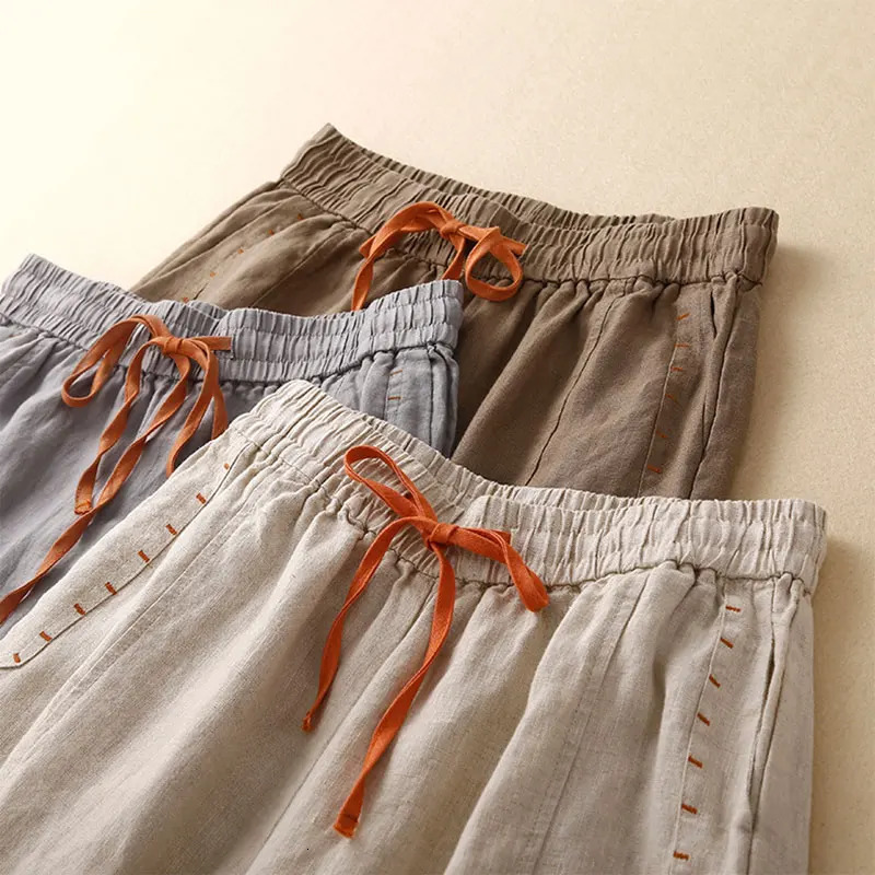 Beige Cotton Linen Casual Elastic High Waist Loose Wide Leg Womens Pants Ankle-Length Pants For Women Clothing Fashion 250408